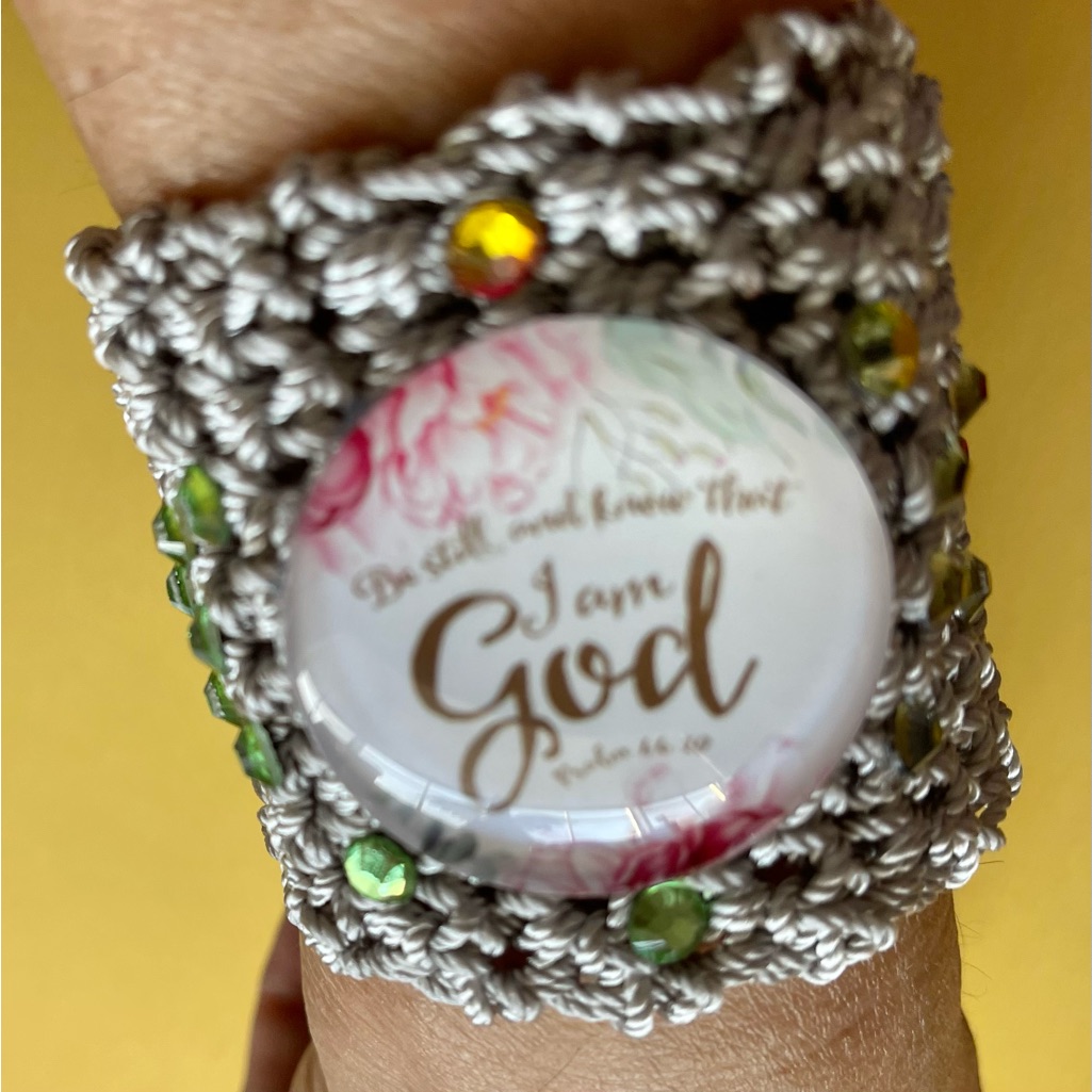 Hand Knits 2 Love Bracelet Psalm 46:10 Cabochon Beads Silver Crochet Designer